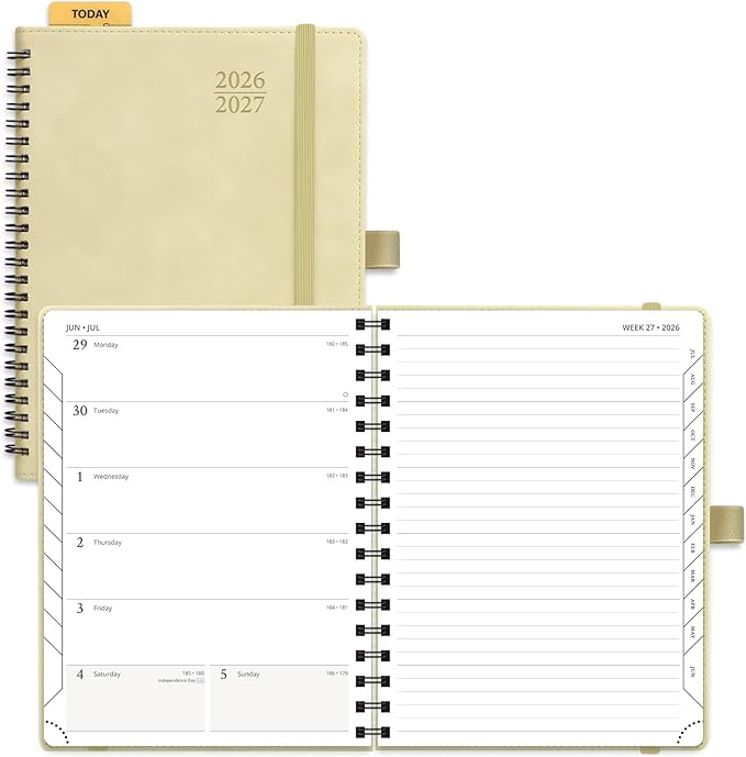 POPRUN Weekly Planner 2026-2027, 6.5" x 8.5", (July 26-June 27) Academic Weekly and Monthly Planner, Calendar Notebook 2026-2027 Agenda for School, College, Spiral Leather Softcover - Beige