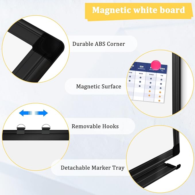 Double-Sided Magnetic Whiteboard, 36" x 24" Dry Erase Board Black Aluminum Frame for Wall, White Board Dry Erase Marker Board for Kitchen, Memo, School, Home, Office