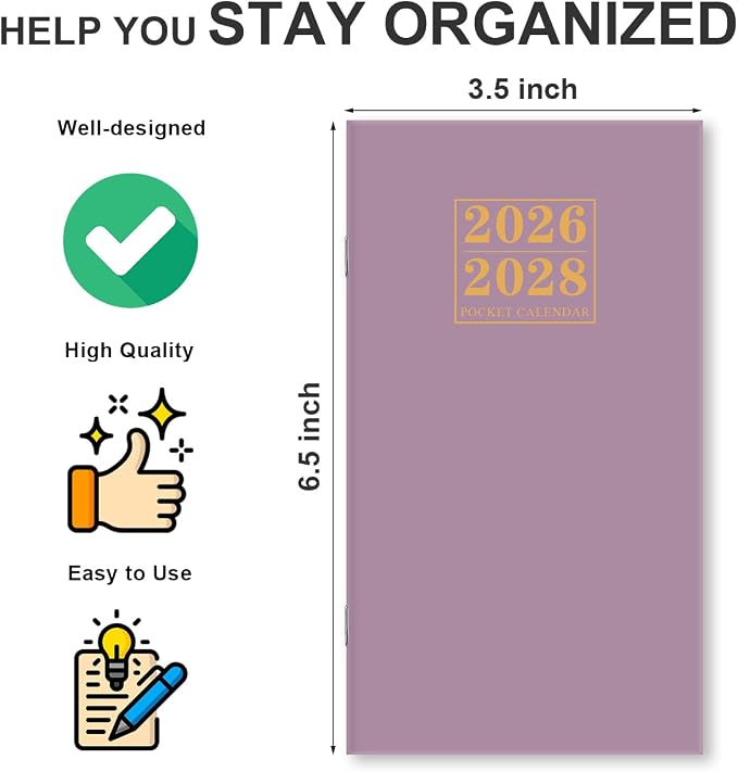 2026-2027 Pocket Calendar for Purse – Mini Monthly Planner from July 2026 to June 2028, 2 Year Monthly Calendar for Organizing & Planning, 3.5" x 6.5", Purple