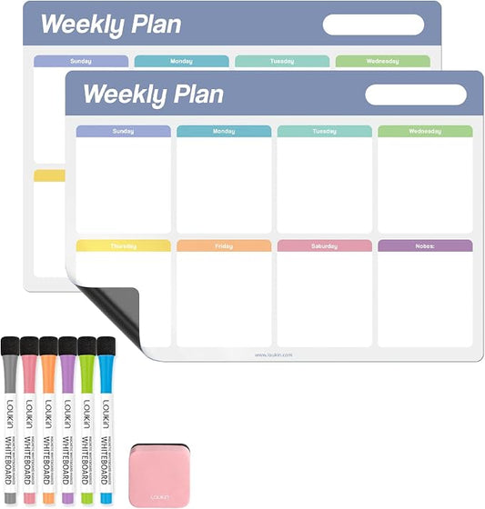 Loukin 17"x11.8" Weekly Dry Erase Calendar 2 Pack, Electrostatic Adsorption Whiteboard Planner, Reusable Schedule Organizer for Office, Classroom, Refrigerator, 6 Markers & 1 Eraser Included