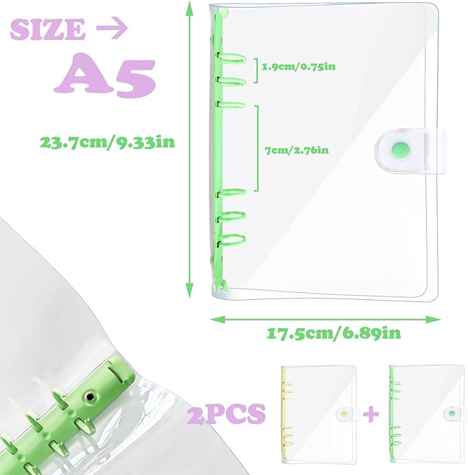 DY.2ten Pack of 2 Transparent Soft PVC 6-Ring Binder Cover with Snap Button Closure for 6 Hole Planner Pages Refill Insert (A5, Clear Cover + Yellow/Green Binder)