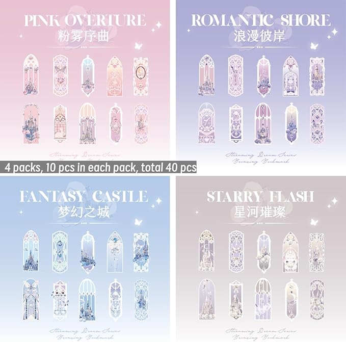 40Pcs Holographic Silver Foil Bookmarks, 4 Packs Fairytale Castle Window Glittery Transparent PVC Bookmark, Shimmery Small Book Mark for Book Lover Reader Writer Teacher Students