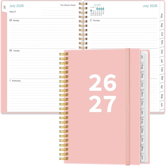 2026-2027 Planner - Planner 2026-2027 from July 2026 - June 2027, Weekly & Monthly Planner Spiral Bound with 12 Monthly Tabs, Inner Pocket, 6.4" x 8.5", Pink-A