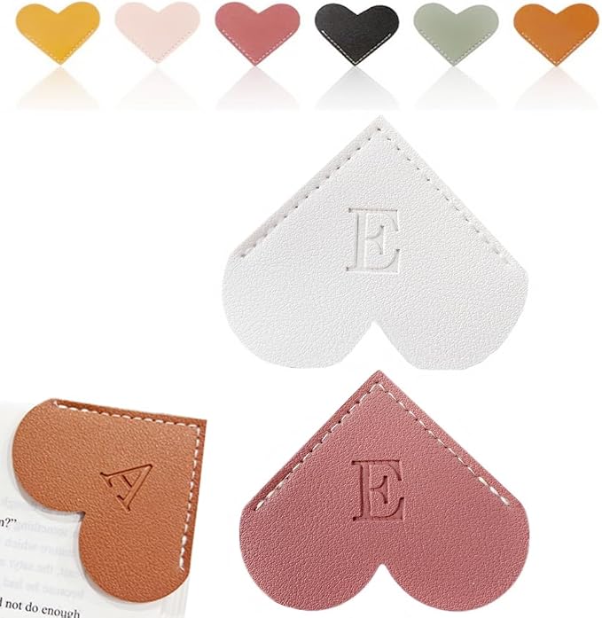 Personalized Leather Heart Bookmark, 26 Letters Customized Corner Book Mark for Reading Women, Book Marker with Initials，Cute Gifts (White+Deep Pink, E)