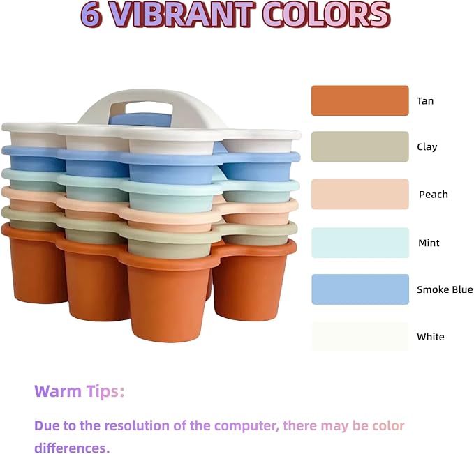 RAUVOLFIA 6 Pack Classroom Caddy Storage Basket with Handle, Plastic Drink Cup Caddy Holder, 6 Compartments for Kids, Table, Office, Arts, Crafts, Crayon, Marker, Pencil, School Supplies (Boho)