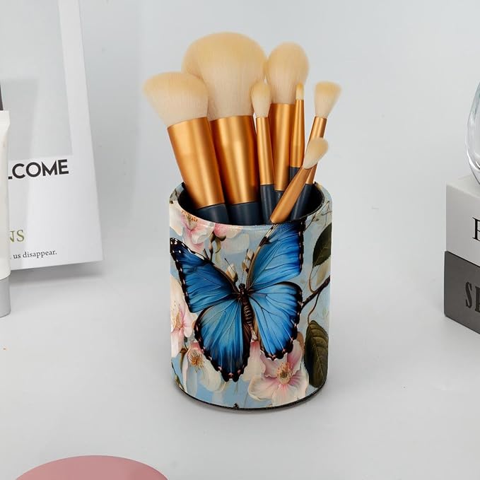 Desk Organizer Pen Holder for Desk, Blue Butterfly on Blossom Pencil Holder, Large Capacity Pen Cup Makeup Brush Holders Desktop Office Supplies Storage Organizer
