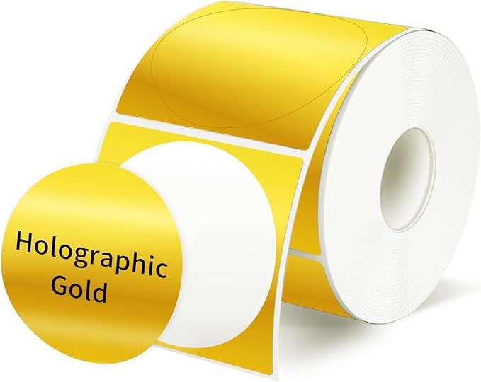 Holographic Thermal Labels 2 inch, Round Thermal Printer Labels, Circle Direct Thermal Stickers for DIY Logo Design, Name Tag, Compatible with Rollo&MUNBYN (300Pcs, Gold)