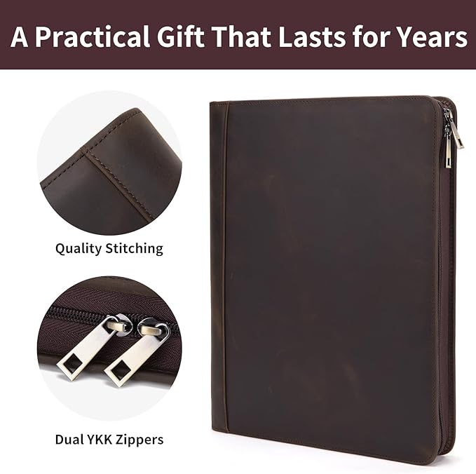 Personalized Genuine Leather Portfolio for Women and Men, Custom Engraved 8.5 x 11 Legal Padfolio, Zippered Notebook Laptop Organizer, Business Executive Folio for Work, Dark Khaki
