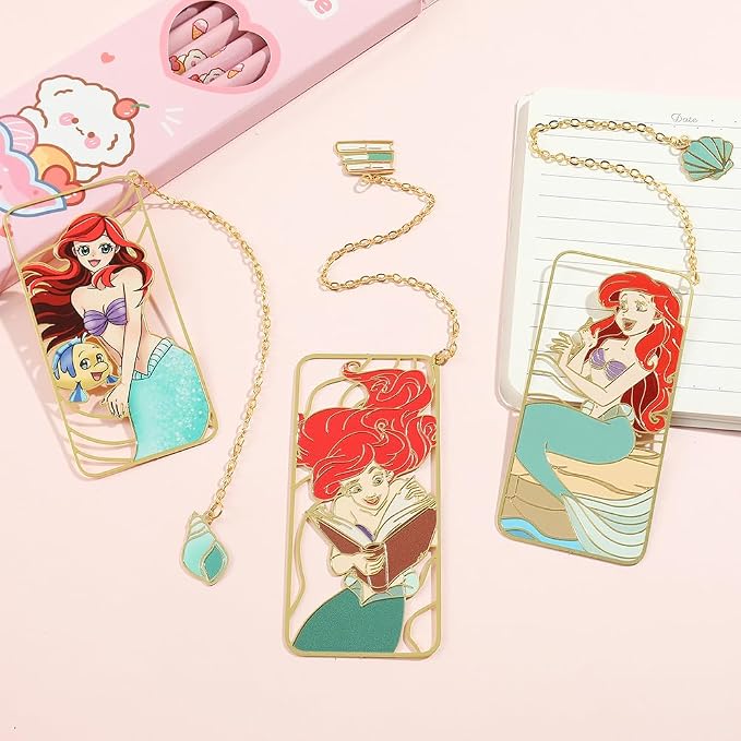Cute Little Mermaid Anime Metal Book Mark -Metal Bookmarks Anime Fans Collection Accessories Reading Marker Gift for Book Lovers Women Girls Kids (Set)