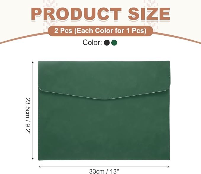 PATIKIL 2Pcs PU Leather File Folders, 13x9 A4 Document Holder Waterproof Envelope Folder with Snap Closure, Portable Portfolio Organizer Case for Paper Receipt, Black/Green