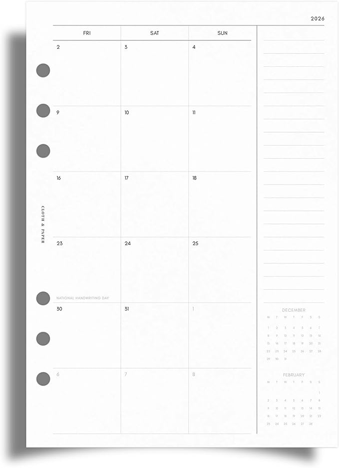 Cloth & Paper 2026 Monthly Planner Inserts - A5 Size 5.8x8.3 Inches, 6-Ring Planner Refills, Monday Start, 29 Double-Sided Pages, Thick Premium Paper, January-December, Minimalist Monthly Organizer