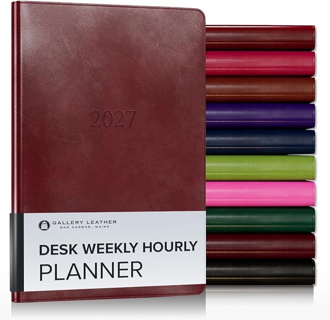 Gallery Leather Desk Hourly Weekly Monthly Planner 2027, Elegantly Bound Calendar Planner and Notebook with Stylish Gold-Gilded Page Edges, 12 Months - Acadia Deep Red - 8x5.5"