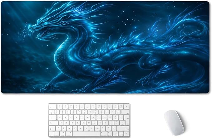 SSOIU Extended Mouse Pad, XXL Gaming Mouse Pads, Large Big Mousepad Laptop Computer Keyboard Mat Desk Pad with Non-Slip Base Stitched Edge for Gaming Office, 35.5 x 15.7 inch, Blue Dragon