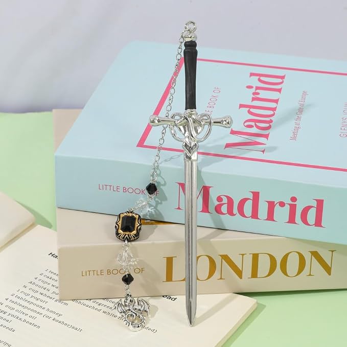 Fantasy Sword Bookmark with Dragon Pendant, Stainless Steel Gothic Medieval Book Marker with Crystal Charm Tassel, Reading Accessory Gift Box for Book Lovers and Fantasy Readers(Dragon)