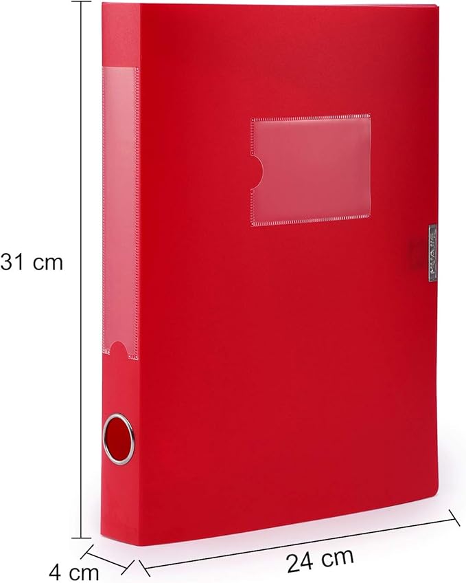 HUA JIE A4 Storage File Boxes Plastic Archives Cases with Lid, File Folder Organizer Document Filing Box for office, Letter Size Paper,31×4×24 cm, Red(Pack of 4)