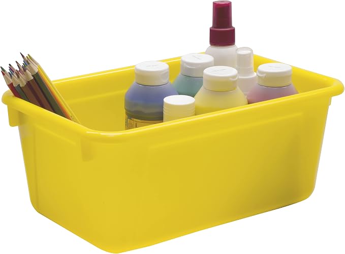 Storex Small Cubby Bins – Plastic Storage Containers for Classroom with Non-Snap Lid, 12.2 x 7.8 x 5.1 inches, Yellow, 5-Pack (62410A05C)