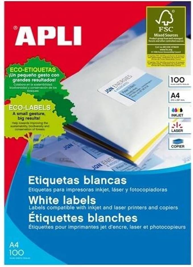 CAJA 100 HOJAS ETIQUETAS FT/IM 210X297 APLI CANTOS RECTOS