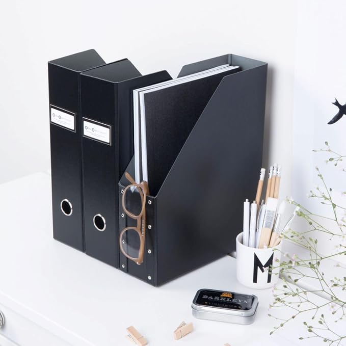 Bigso Fiona 3 Piece Fiberboard Upright Magazine Storage Boxes for Papers with Metal Label Holder - Durable Magazine File Holder for Office Desks - 3.3in x 10in x 12.4in - 3 Piece - White
