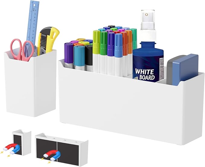 FRETONBA 2 Pack Magnetic Dry Erase Marker Holder, Large & Small Whiteboard Organizer with Removable Dividers, Magnetic Pen Caddy for Refrigerator Locker Office