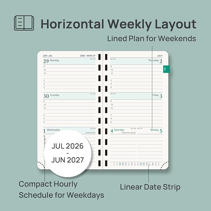 POPRUN Pocket Planner 2026-2027 (Slim Size 3.5'' x 6.5'') Academic Purse Calendar (July 2026 - June 2027) with Hourly Time Slots, 100GSM Thick Paper, Spiral Soft Cover - Pacific Green