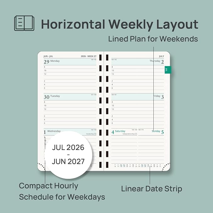 POPRUN Pocket Planner 2026-2027 (Slim Size 3.5'' x 6.5'') Academic Purse Calendar (July 2026 - June 2027) with Hourly Time Slots, 100GSM Thick Paper, Spiral Soft Cover - Pacific Green