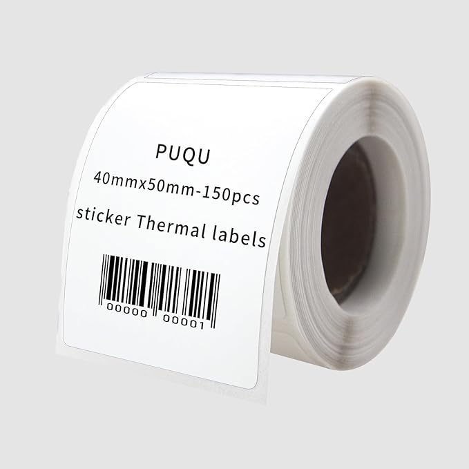 PUQU 40x50mm Direct Thermal Sticker Labels, Self-Adhesive All-Purpose Label Maker Tape, Compatible with AQ Series Label Printer, Refills Standard Laminated Office Labeling, 1 Roll of 150 Labels