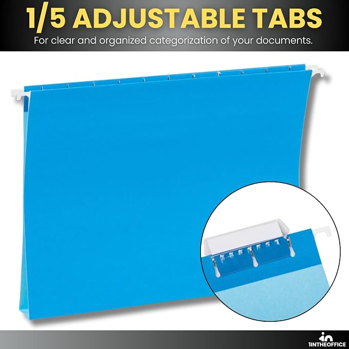 1InTheOffice Blue Hanging File Folders Letter Size, Adjustable Tabs, Letter Size File Folders Hanging, File Cabinet Dividers, 50 Pack