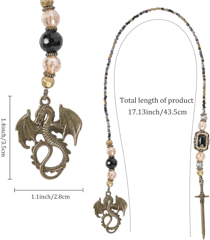 Fantasy Dragon Sword Bookmark - Beaded Chain Dragon Bookmarks, Mysterious Aesthetics Dragons Charm Pendant, Book Marks Gifts for Books Lovers Students Teacher Office School Supplies