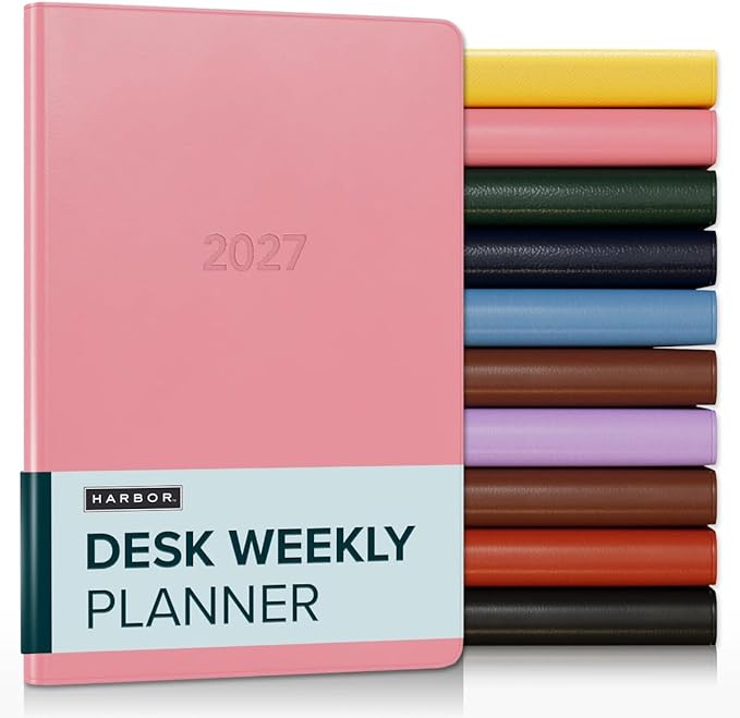 Harbor Desk Weekly Monthly Planner 2027 - Calendar Planner and Notebook, Durable Faux Leather, 192 Pages, Softcover & Book Bound - Cambridge Flamingo - 8x5.5"