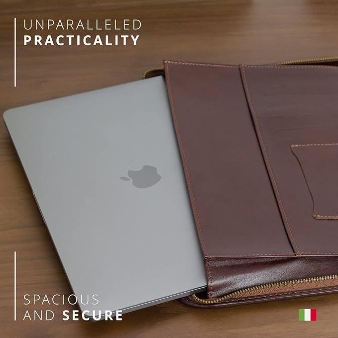Personalized Maruse Leather Portfolio Padfolio - Executive Folio for Men and Women with Zipper, Folio Document Organizer, Laptop Sleeve, iPad Case and Folder - Made in Italy, Monogram Black