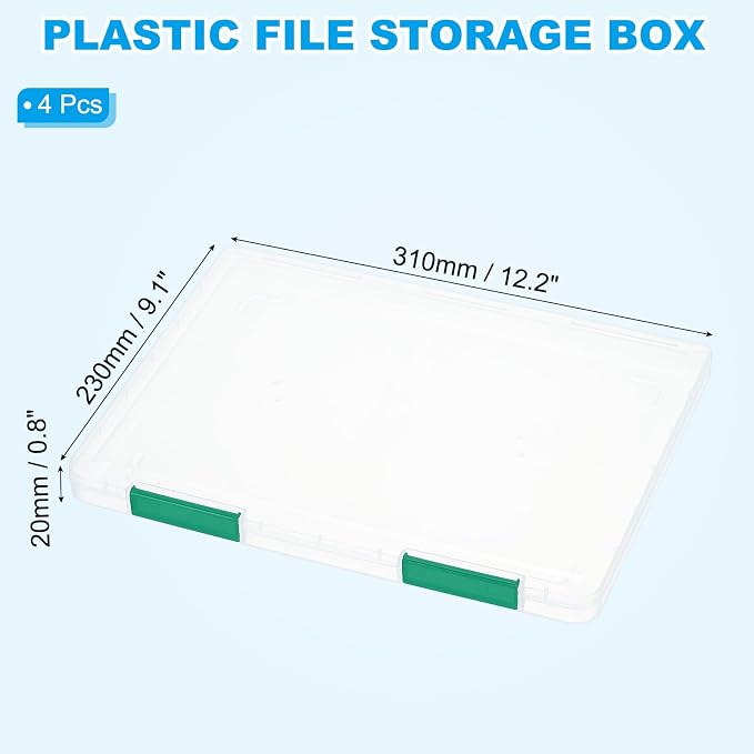 PATIKIL Clear A4 File Portable Project Case with Buckle Plastic Storage Box for 8.5" x 11" Letter Paper Scrapbook Paper Storage Boxes, 4Pcs, 12.2"x9.1"x0.8", Dark Green