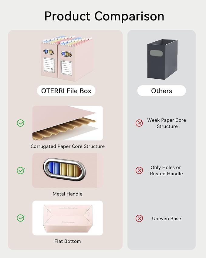 Oterri File Organizer Box, Portable Collapsible Cardboard File Folder Organizer with Handle for Letter Size Hanging Files, Document Storage Box for Home Office & Classroom (4 Packs, Light Pink)