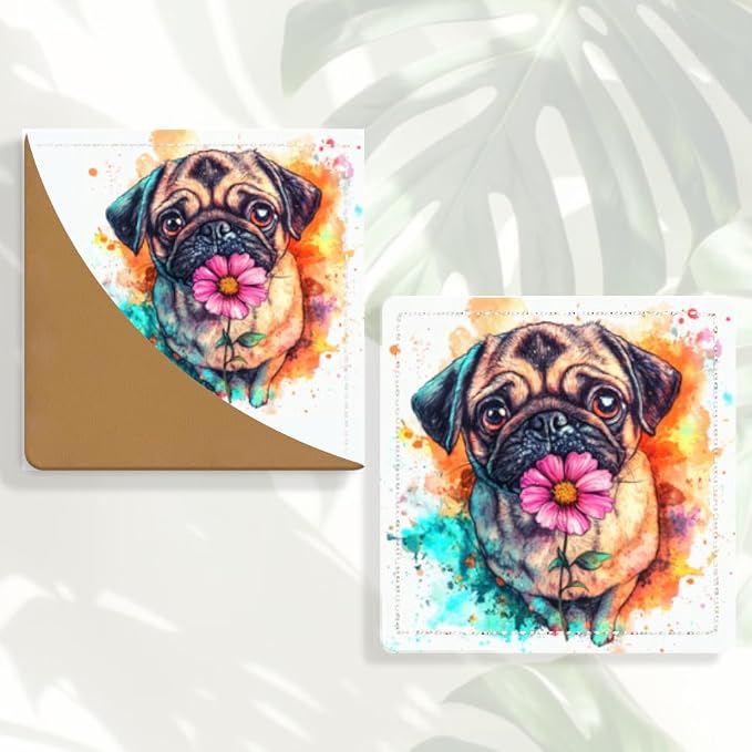 2PCS PU Leather Bookmarks 3.5x3.5 Inch Pug Flower Design | PU leather bookmarks with pug flower design for novels, journals, study notes, dog lovers, students and book fans