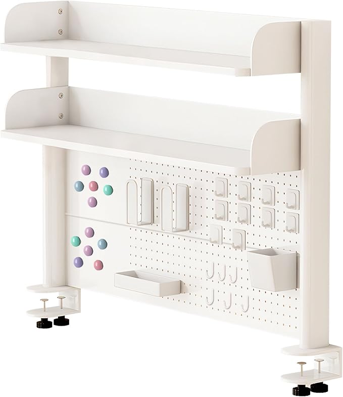 Clamp On Desk Organizer Shelf,White Desk Extender Pegboard Workstation,Computer Desk Accessories for Office, Desktop Shelving System,Desktop Bookshelf Storage Shelves for Desk,31.5in