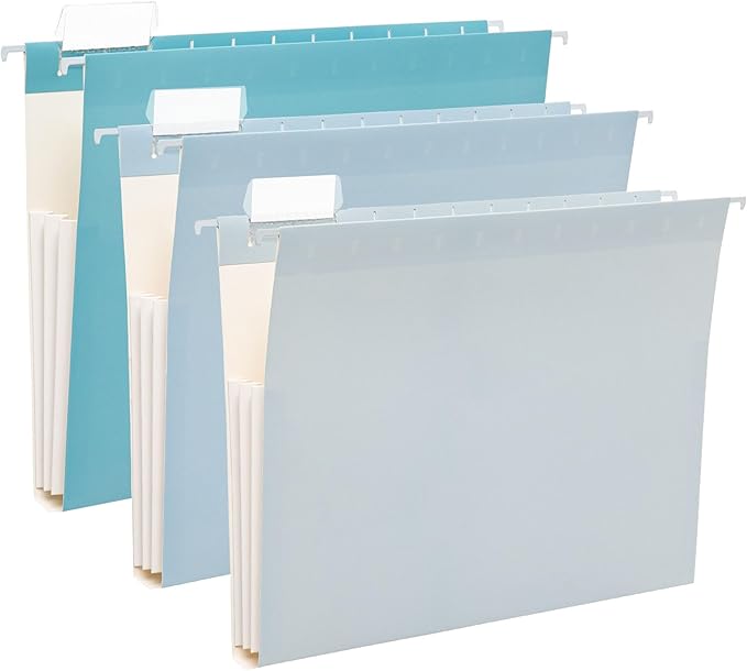 6 Pack Extra Capacity Hanging File Folders Letter Size, Reinforced Expandable Folders with 1/5-Cut Tabs for Filing Cabinets, Durable Office & Home Organizer, Blue