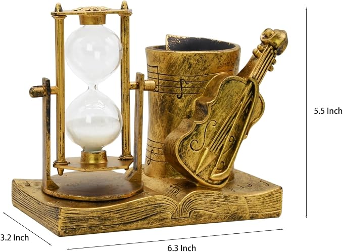 Violin-Themed Pencil Holder with Hourglass, Resin Desktop Organizer for Office & Study, Pen Holder with Sand Timer, Classic Music Addition Scissors Storage, Artistic Gift for Violin Lovers