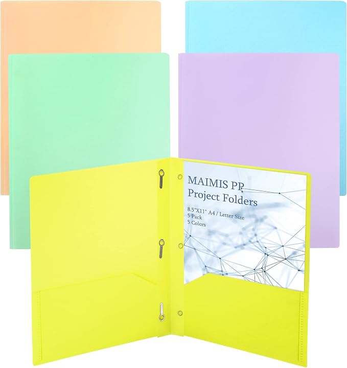 Plastic File Folders with Pockets - (5 Pack, Assorted Colors) Heavy Duty 3 Hole Two Pocket Folder with Pockets 3 Prong Folders A4 Letter Size Colored Plastic Folders for School Office Home