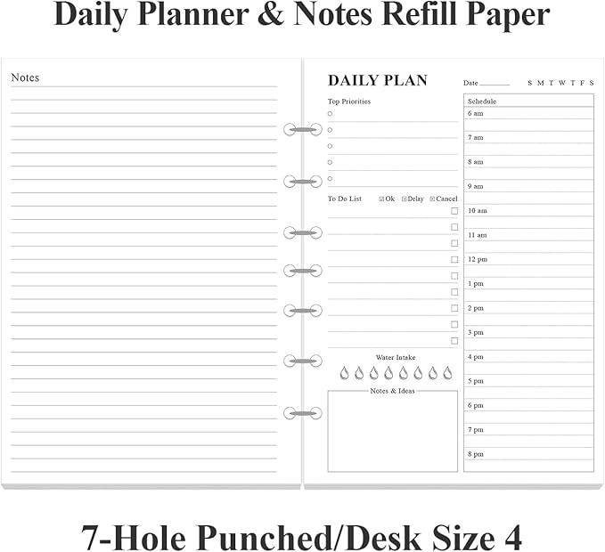 7-Hole Punched To Do List Insert - Undated Daily Planner Refill for 3/7 Hole Mini Binder,100 Sheets/200 Pages Planner and Lined Refill, 100 gsm White Paper, 5.8'' x 8.3''