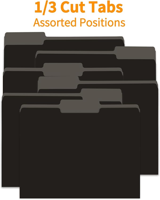 VZCPYTPM 150 Pack Black File Folders,Letter Size (8.5x11 in),1/3-Cut Tabs in Assorted Positions,Cardstock Paper Folders for Office,School & Home Filing Cabinet Organization,Bulk Document Folders