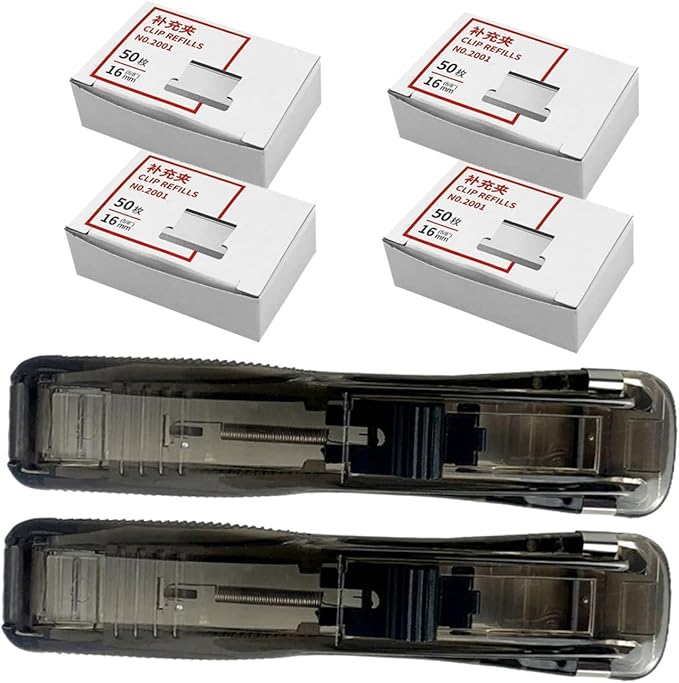 Tofficu Reusable Document Stapler and Clip Dispenser Set with 200pcs Refill Clips, Black Desktop Office Stapler for File Binding and Document Organization