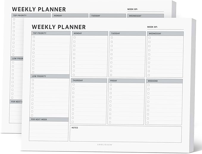 Weekly Planner Notepad, 8.5 x 11" Tear-Off Pad – 70 Undated Sheets, Daily Schedule Deck Organizer with Priorities, To Do List & Checklist for School, Work, Home (White, Checkbox, 2 Pack)