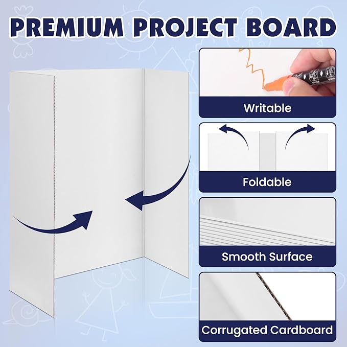 30 Pack Trifold Poster Board, 16in x 24in Corrugated Project Board, White Presentation Board, Trifold Display Board for School Project, Business Presentation, Science Fairs, Event Display