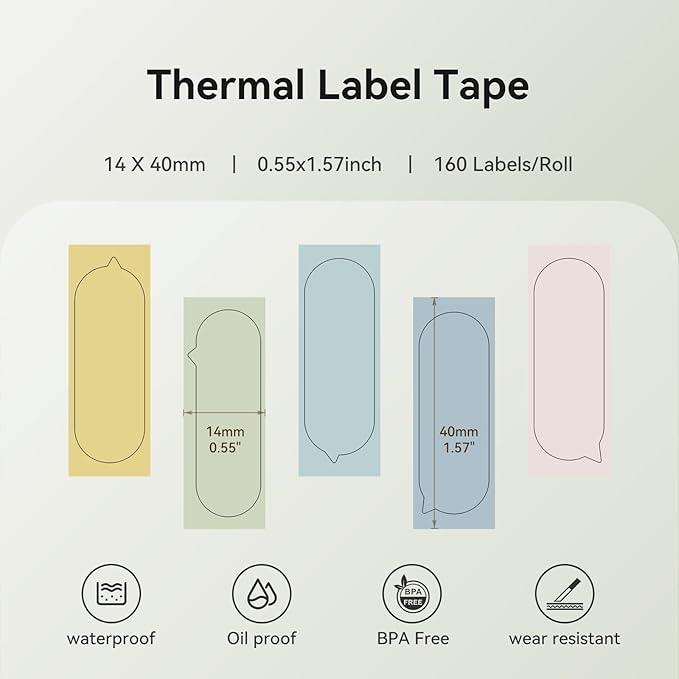 NIIMBOT D110 Label Maker Tape, 14x40mm (0.55"x1.57") 160Label/Roll, Waterproof Label for Home Office Oragnization (5 Colors)