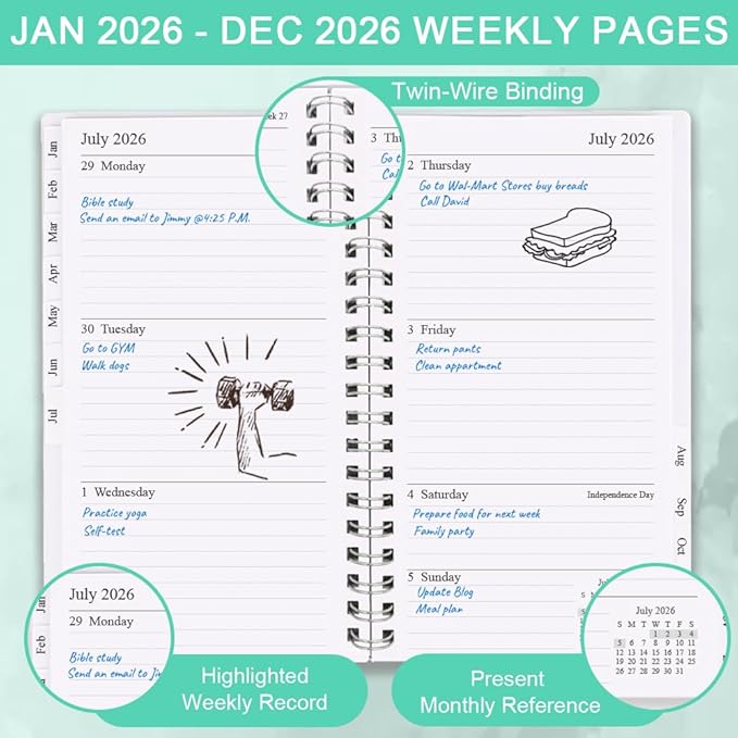 2026 Pocket Planner, A6 Weekly Planner with Monthly Tabs, Run January 2026-December 2026, Elastic Closure, Twin-Wire Binding, Easy to Organize Your Daily Life, 3.75 x 6.75 In, Pocket Planners 2026, Teal