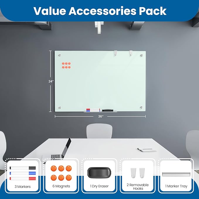 Large 0.3mm Reinforced Metal Backing Glass White Board for Wall, 36" x 24" Big Magnetic Tempered Glass Dry Erase Board with Frameless Design, 3' x 2' Glass Whiteboard for Home, Office, School