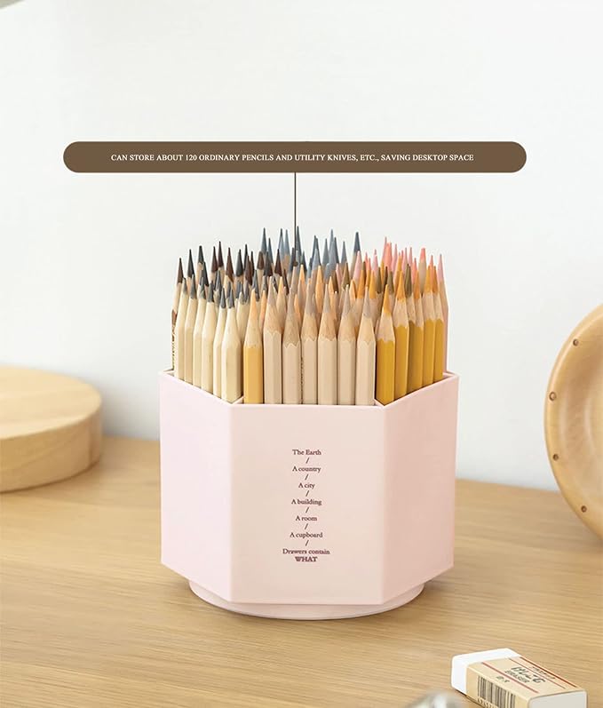 Gullor Spinning Desktop Stationery Organizer Decorative Plastic Rotating Pen and Pencil Cup 6 Compartment Desk and Table Top Office Supplies, Pink