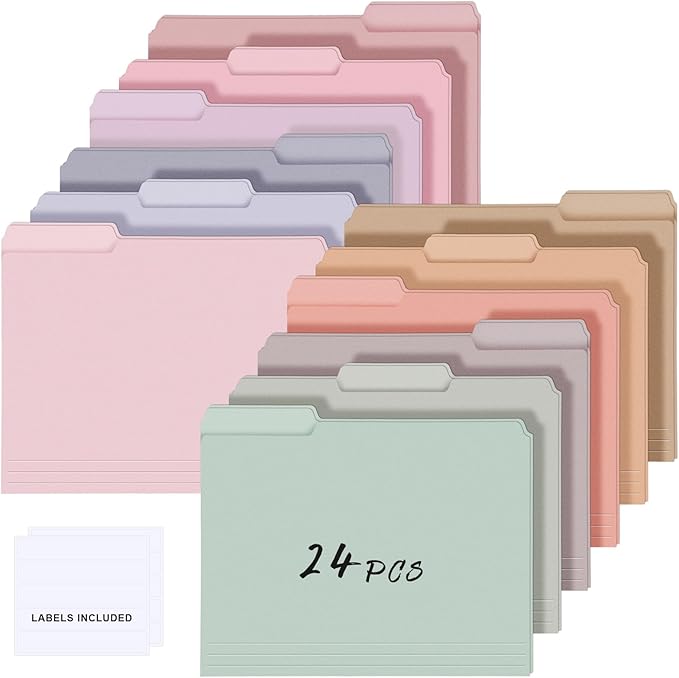 24 Pcs File Folders 9.5x11.6 Inch Manilla Folders Letter Size with 1/3 Cut Tabs 12 Colored Office Home School Organizers for Documents, Classroom Supplies and Paper Storage (Sweet Color)