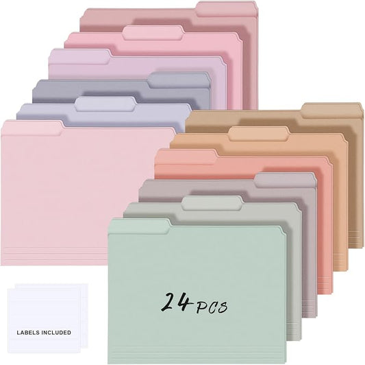 24 Pcs File Folders 9.5x11.6 Inch Manilla Folders Letter Size with 1/3 Cut Tabs 12 Colored Office Home School Organizers for Documents, Classroom Supplies and Paper Storage (Sweet Color)