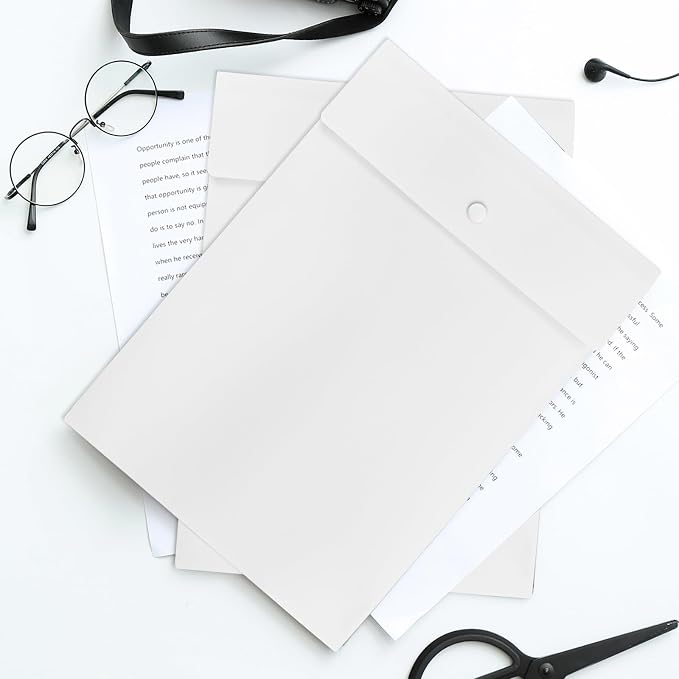 VANRA Vertical File Folders Poly Filing Envelope Plastic Project Folder with Snap Button Closure for A4 Letter Size Paper (Pack of 5, White)