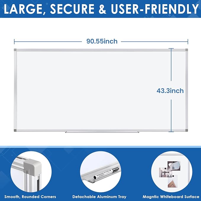 SWANCROWN Magnetic Dry Erase Whiteboard 90 x 43 inches, Large White Board Dry Erase for Wall with Silver Aluminum Frame & Marker Tray for School Office Home, 230 x 110 cm